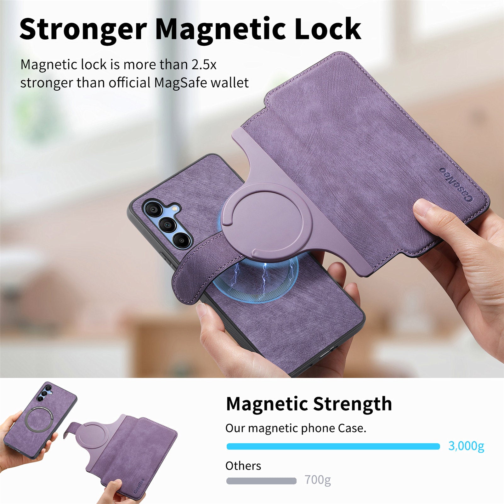 CASENEO MW-03 For Samsung Galaxy A25 5G (Global) (161.0 x 76.5 x 8.3mm) Case Detachable Magnetic Leather Cell Phone Back Cover - Purple CASENEO MW-03 For Samsung Galaxy A25 5G (Global) (161.0 x 76.5 x 8.3mm) Case Detachable Magnetic Leather Cell Phone Back Cover - Purple